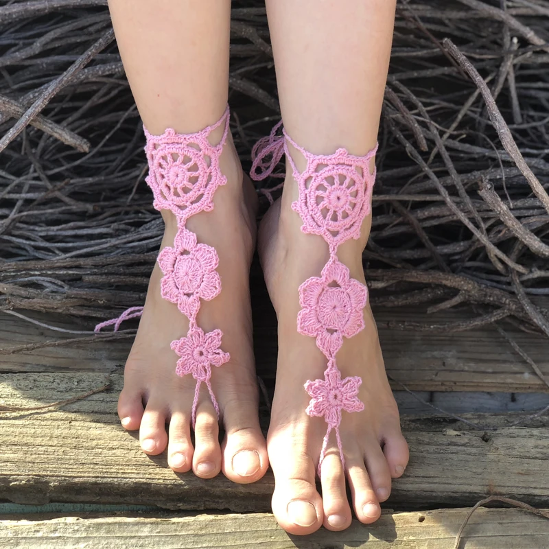 Пляжный кружевной вязаный свадебные босоножки, браслеты на ногу из хлопка ручной работы Сандалеты с перепонкой на лодыжке танец Йога специальные аксессуары для ног - Цвет: Pink