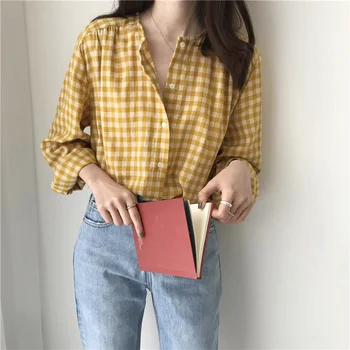 

2019 Autumn New Korean Sweet Blouse Femme Temperament Round Neck Yellow Plaid Blouse Loose Wild Casual Long-sleeved Shirt