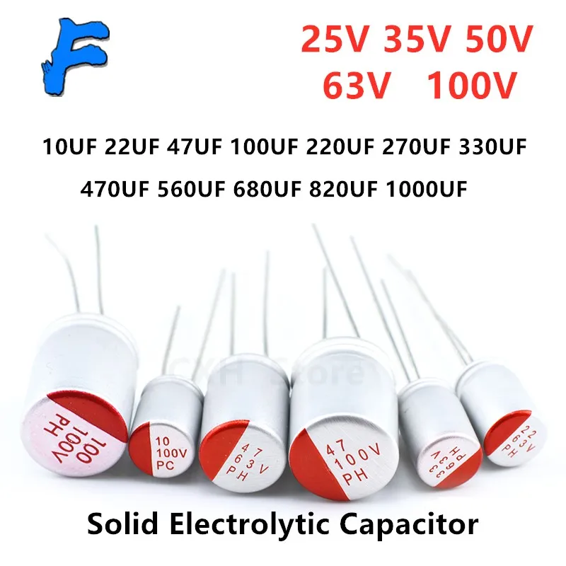 10Pcs DIP Solid Electrolytic Capacitor 25V 35V 50V 63V 100V 10UF 47UF 100UF 220UF 270UF 330UF 470UF 560UF 680UF 820UF 1000UF