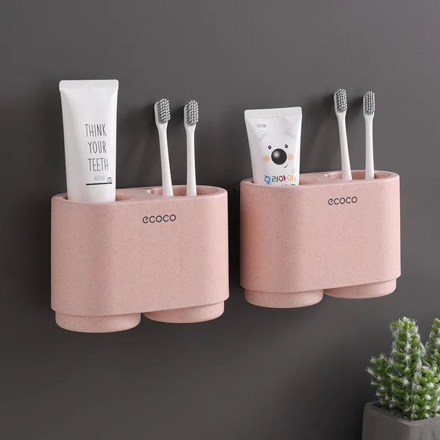 ECOCO Magnetic Adsorption Inverted Toothbrush Holder Simple Toothpaste Storage Rack with Wash Cup Punch Free Bathroom Sets 2pc Pink