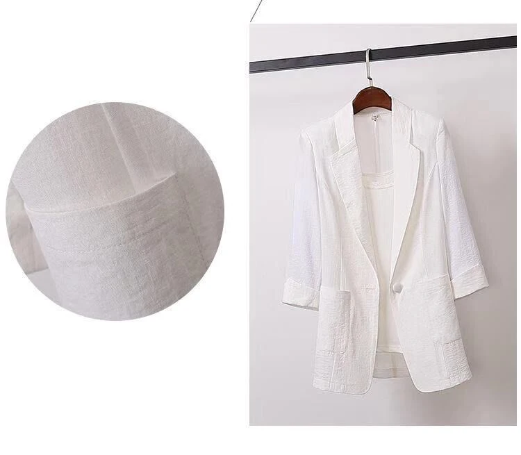 S-5XL Dünne Leinen Baumwolle Lose Leinen Blazer Sommer Frauen Einfarbig Jacke Büro Damen Oberbekleidung Mantel_voghion.com