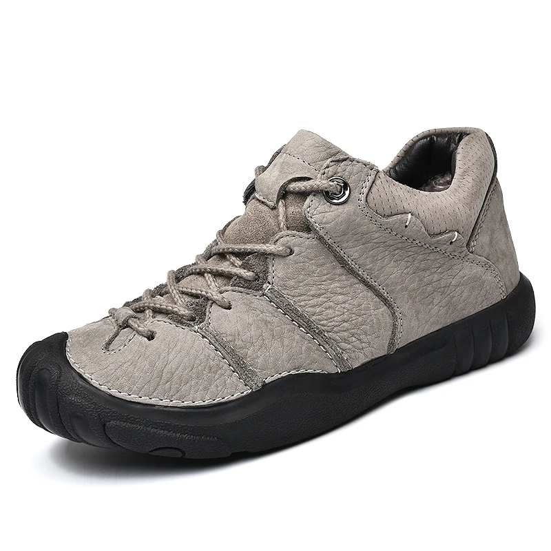 New Genuine Leather Hiking Shoes Men Winter Fur Outdoor Waterproof Trekking Shoes Mens High Quality Hard-Wearing Woodland Shoes