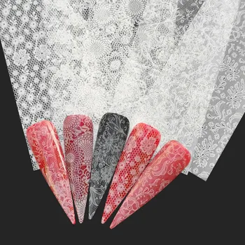 

FWC 5 PCS Withe Lace Flower Stickers On Nails Foil Transfer Starry Sky Summer Sliders For Manicure Nail Art Decals Decoration