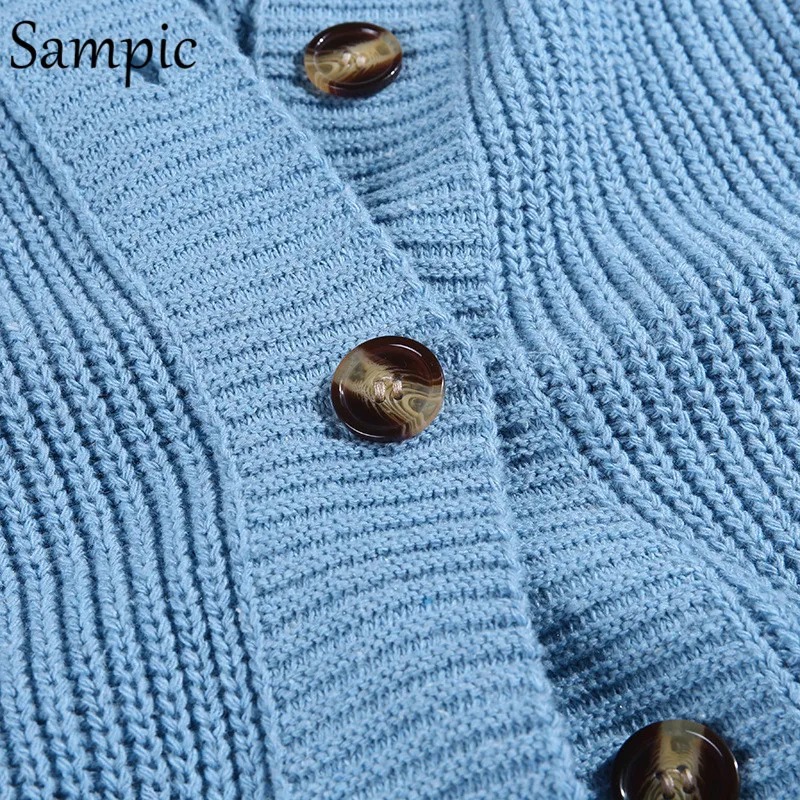 Sampic, Свободный вязаный кардиган, женский, длинный рукав, в клетку, с карманами, Повседневный свитер, v-образный вырез, осенние зимние кардиганы, топы, модный свитер