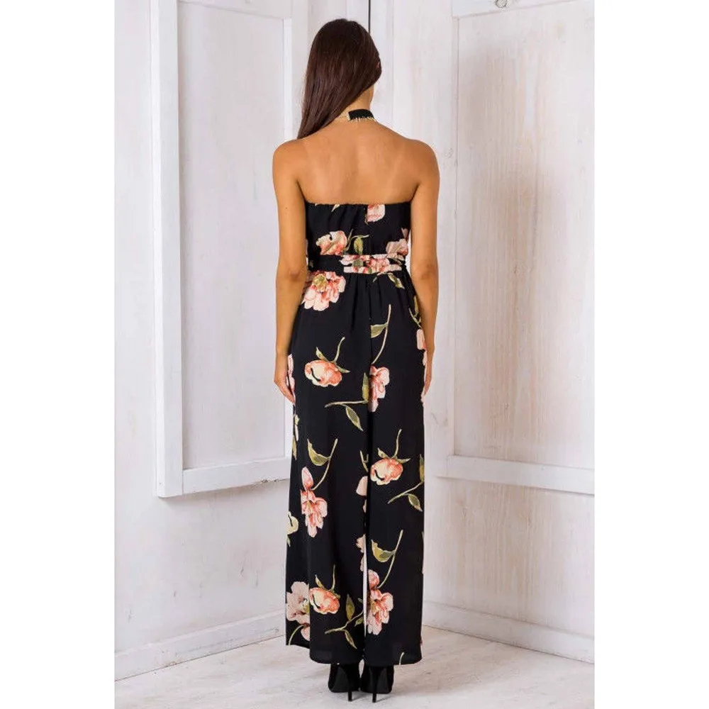 Hot Sale Bohemian Palm Print Lace Up Jumpsuits&Rompers Off Shoulder Women Jumpsuit Summer Beach Sexy Jumpsuit Overalls 12.26