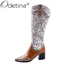 Odetina/женские высокие сапоги на массивном каблуке средней высоты удобные повседневные сапоги до колена с острым носком из змеиной кожи в западном стиле на молнии Большие размеры 48