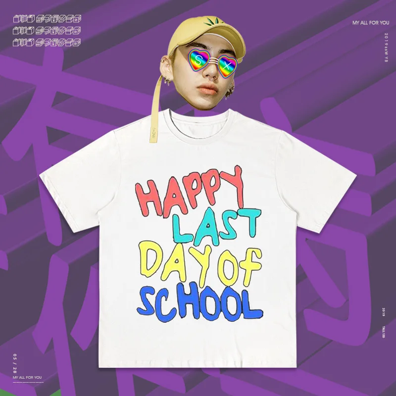 Ins/футболка с короткими рукавами; цвет радуги; с надписью «Happy последний день школы»; ручная работа с героями мультфильмов