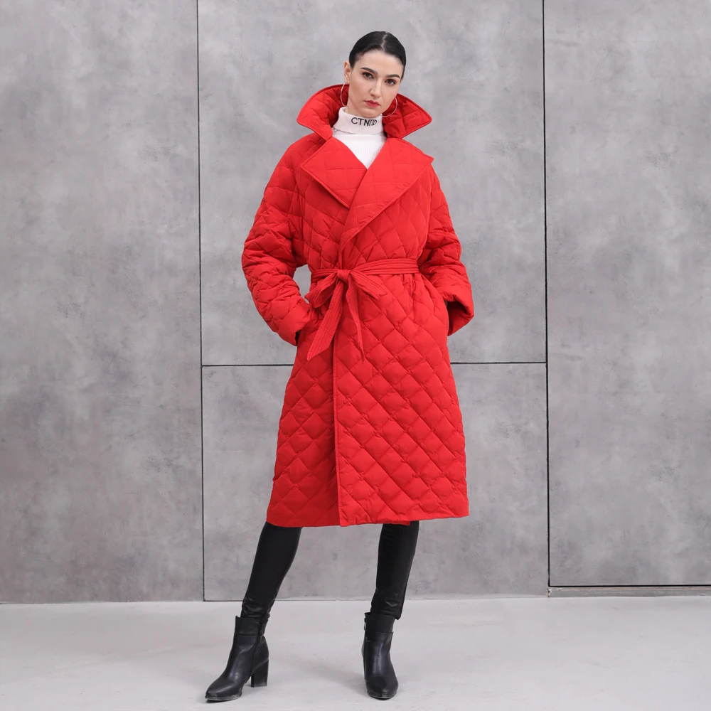 Новая зимняя пуховая куртка для женщин с лацканами ромбовидной решетки элегантный пуховик для женщин с поясом длинная юбка пуховая куртка на зиму - Цвет: Красный