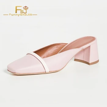 

Pink Square Toe Block Heel Mules Women Slides Sandals Comfortable Chunky Heels Slippers Women Slip on Summer Shoes Large Size 16