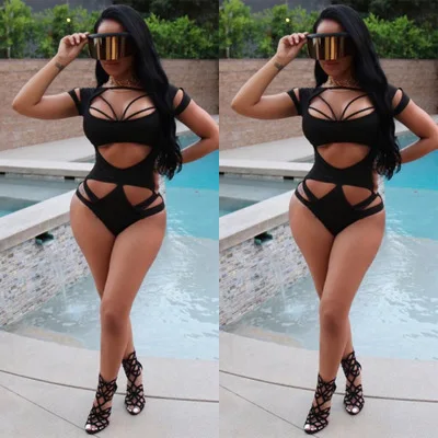 

Fashion Sexy Solid Color Short Sleeve O-Neck Playsuits Summer Club Women Hollow Out Swimsuit Skinny Short Jumpsuits SNFZ0873