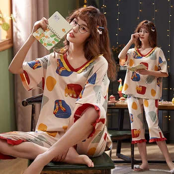 

Women's Pajamas Set Cute Sleepwear 100% Cotton Nightwear Fashion Short Night Pijama Big Size Pyjama Cartoon Underwear M-XXXXL