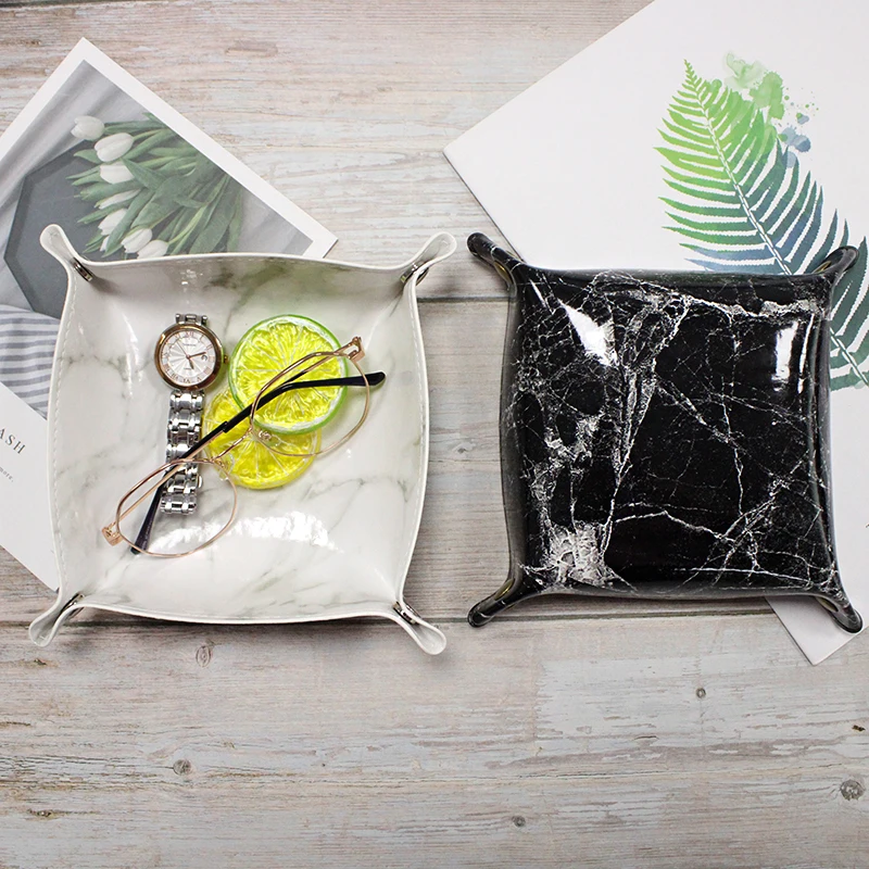 Nordic Marbling Folding Storage Tray PU Leather Dice Rolling Tray Collapsible Key Coin Storage Box Desktop Storage Organizer