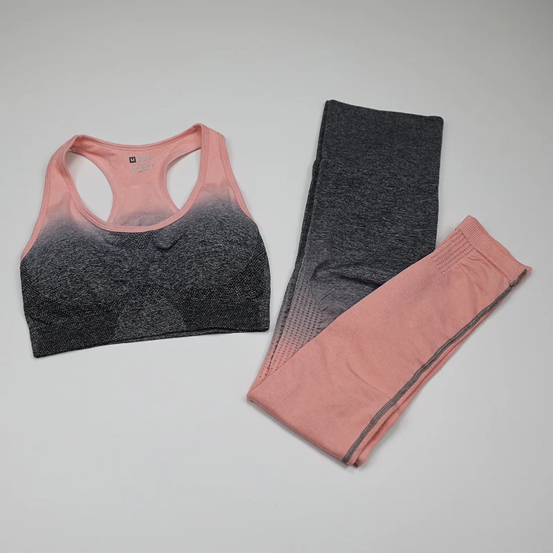 peach pink bra set Комплект из 3 предметов для йоги, женский укороченный Топ с длинным рукавом, спортивный бюстгальтер для фитнеса, спортивные Леггинсы с высокой талией, одежда для спортзала, бесшовный спортивный костюм с эффектом омбре - Цвет: peach pink bra set