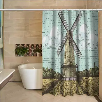 

Dutch Odorless Waterproof Shower Curtain Hand Drawn Style Windmill in a Farmland and Forest Vintage Agriculture Themed Image