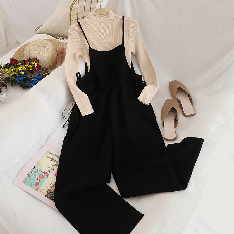 Autumn Winter Pant Set Women Two Pieces Set Solid High Collar Knitting Sweater+ High Waist Drawstring Wide Leg Pant Twinset