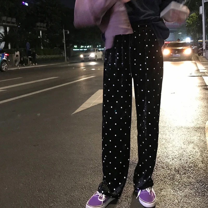 Очень милые велюровые штаны в горошек, женские брюки, Осень-зима, Kawaii Pantalon Femme Pantalones Mujer