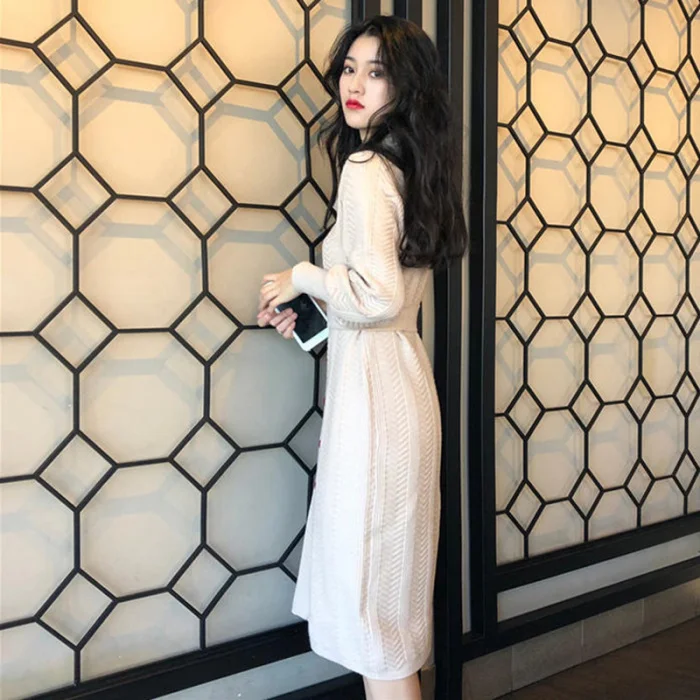 New Fashion Women Knit Cardigan Dress Bow Long Sleeve Button Dress Split Casual Dresses J9