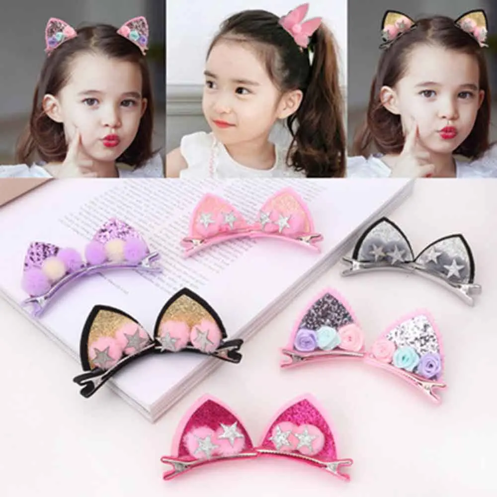 Cute Hairpins Barrettes Hair-Accessories Flowers Glitter Rainbow Cat Ears Felt-Fabric