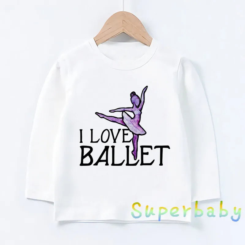 Детская футболка с принтом «I Love Ballet dancing Girl» Забавные топы с рисунками для маленьких девочек, Детская футболка с длинными рукавами LKP5191