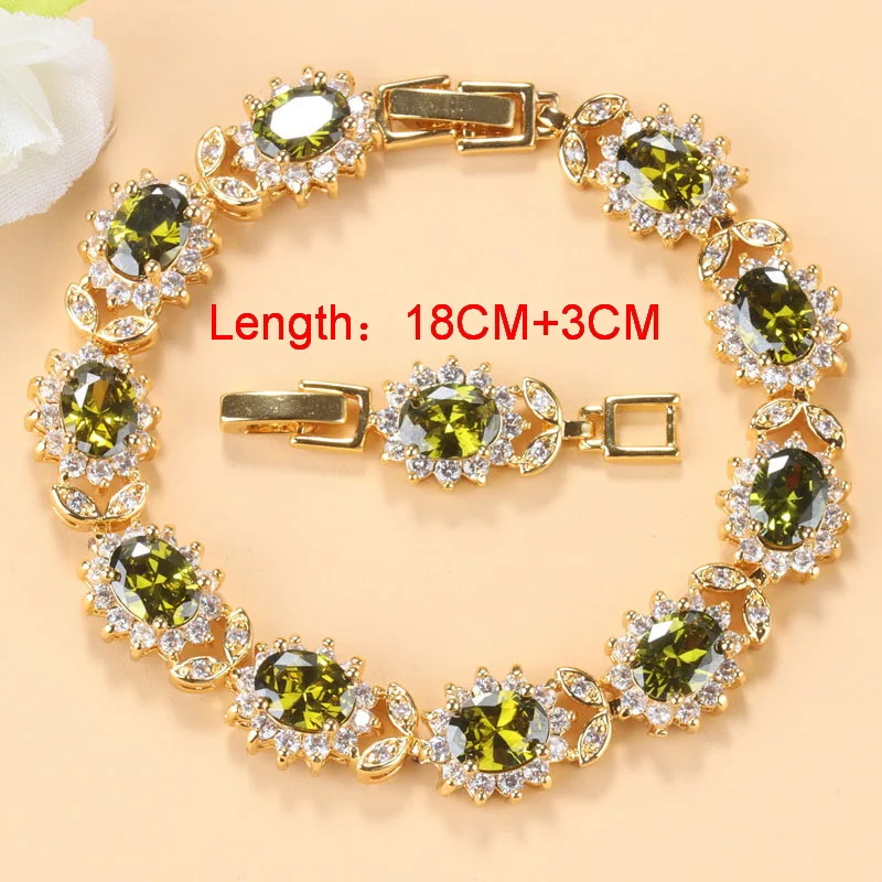 Bridal Jewelry Sets Crystal Jewelry Sets 10-Colors Cubic Zirconia Women Accessories 18K Gold Plated Olive Green Zirconia Charm Bracelet And Ring Jewelry Sets