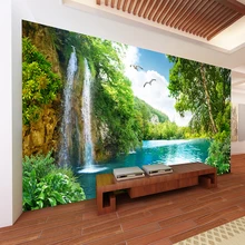 Jointless Custom 3D Wall Mural Wallpaper Home Decor Green Mountain Waterfall Nature Landscape 3D Photo Wall Paper Living Room