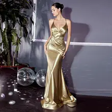 LORIE Vestido De sirena con tirantes finos, prenda De satén dorado, hasta el suelo, sin espalda, Formal, para fiesta, 2021