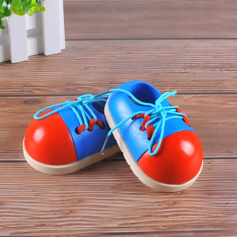 Educational Wooden Toddler Lacing Shoes Early Teaching Children Toys In Stock 