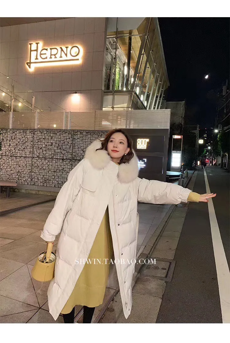 

Thickened Full-length Down Puffer Coat Women Solid Color Hooded Down Coat Jackets Winter Casual Waistband Fur Hood Down Coats