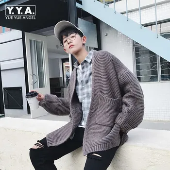 

Fashion Oversized Mens Knitted Sweater Preppy Boy Outwear Coat Loose Fit Personality Casual Male Cardigan Jaqueta Masculino