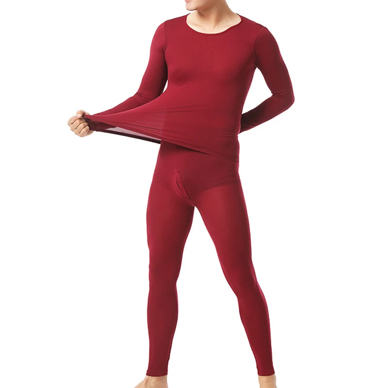 Мужские Бесшовные эластичные термалы внутренняя одежда постоянная температура ультратонкое нижнее белье костюм топ брюки JS25 - Цвет: Красный