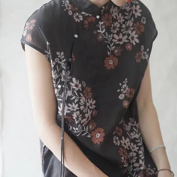 

Original national style ethnic ramie slim cheongsam retro printed early autumn Chinese tassel dress l2256