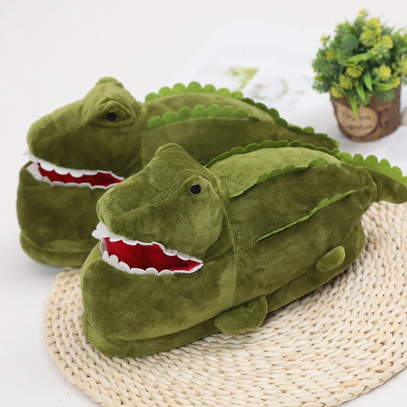 1PC New Cartoon Crocodile Plush Home Winter Warm Non-slip Cotton Funny Shoes Green Half Cover Toe Slides Furry Slides - Цвет: Green