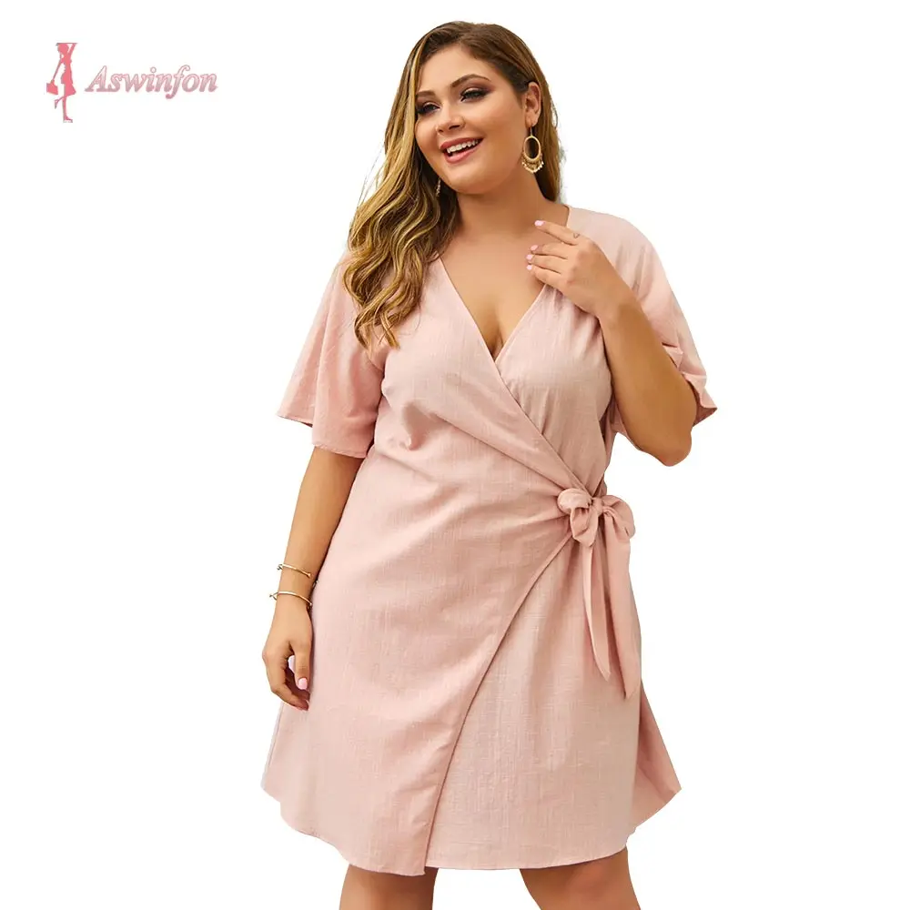 

Aswinfon Summer Plus Dress Women Short Sleeve Deep V-neck Sashes Mini Dress Casual Solid Color Sexy For Ladies