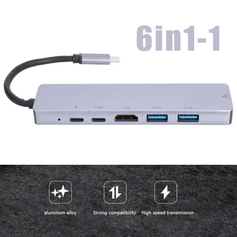 6 в 1(2xUSB3. 0/TYPE-C+ RJ45+ HDMI) TYPE-C концентратор адаптер для ноутбука