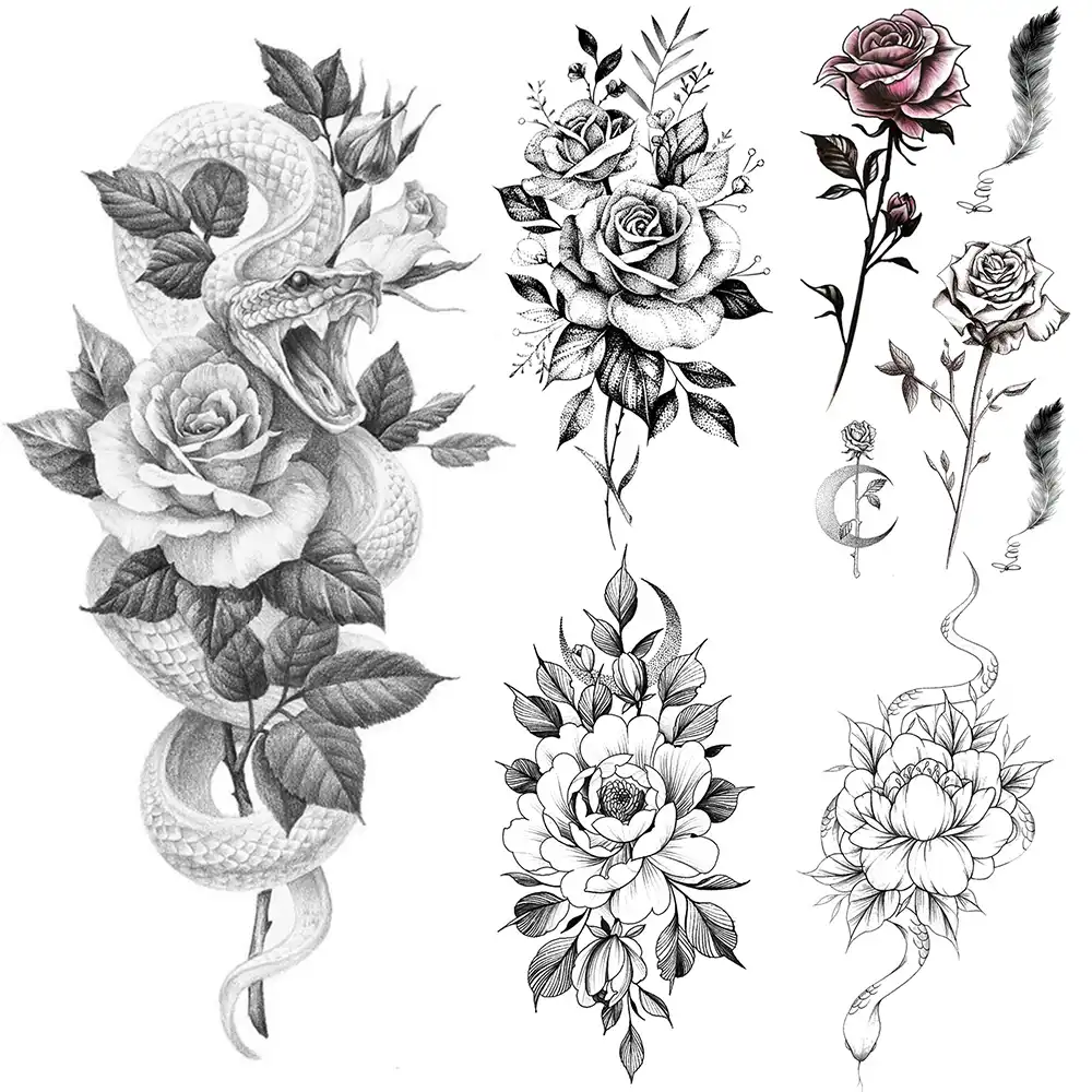 花一時的なの入れ墨黒デイジーヘビ偽タトゥーステッカー羽大葉防水タトゥーbady腕章 Temporary Tattoos Aliexpress