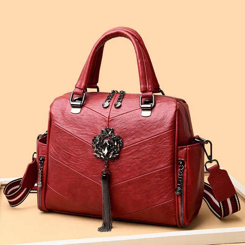 

Light Luxury Soft Leather Handbag WOMEN'S Bag 2019 New Style Diamond Set Tassels Broadband Shoulder Bag Versitile Fashion Should