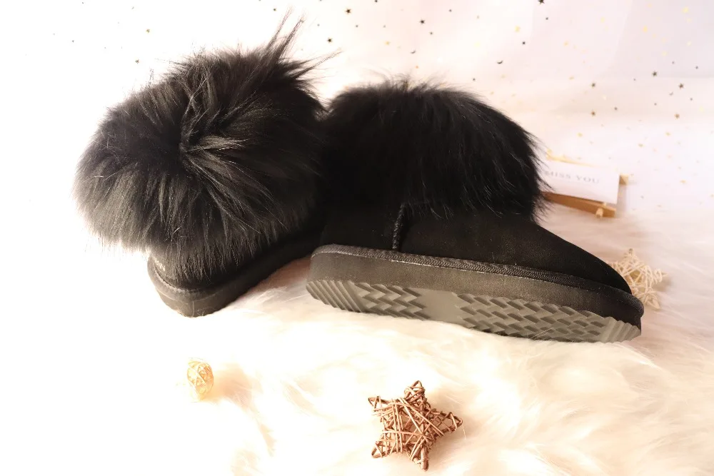 New Natural Big Fox Fur Genuine Leather Women Snow Boots Wool Inside Winter Boots Slip-On Ankle Boots Female Raccoon Fur