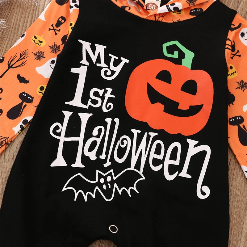 2020 Autumn Newborn Baby Boys Girls Ghost My 1st Halloween Pumpkin Letter Print Long Sleeve Hoodie Romper Jumpsuits Costume