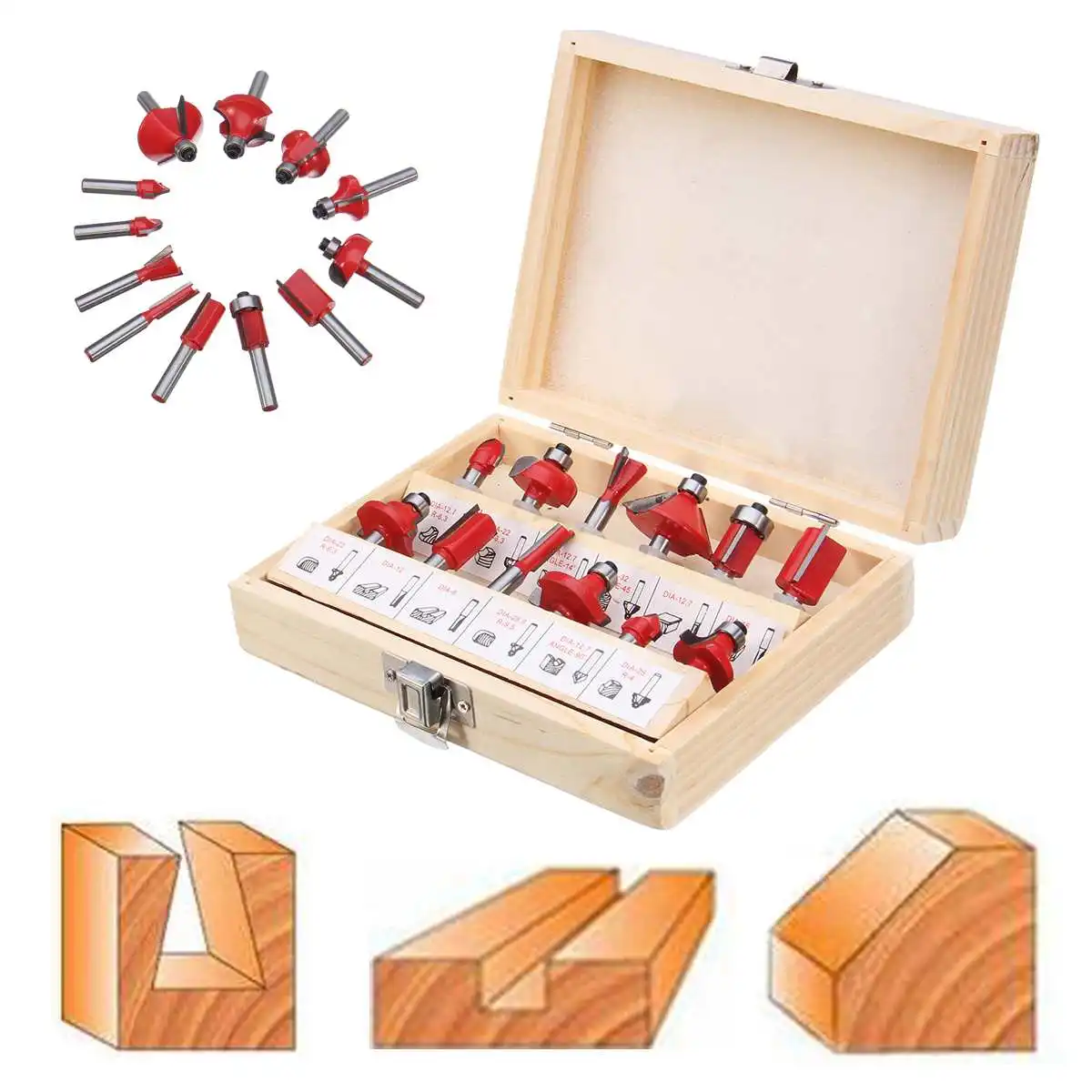 

12PCS 1/4" Professional Shank Tungsten Carbide Router Bit Set Wood Case tool kit Milling Cutter Router bit set