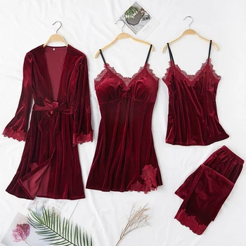 

New Fashion Velvet 4 Pieces Warm Winter Pajamas Sets Women Sexy Lace Robe Pajama Sleepwear Suit Sleeveless Nightwear