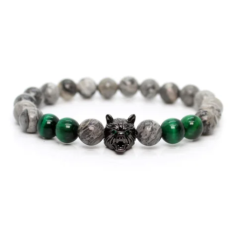 Jewellery Wolf Bracelet Bracelets For Men Green Tiger Stone Armband Lava Stone Friendship Gifts Women Handmade Beads Charm
