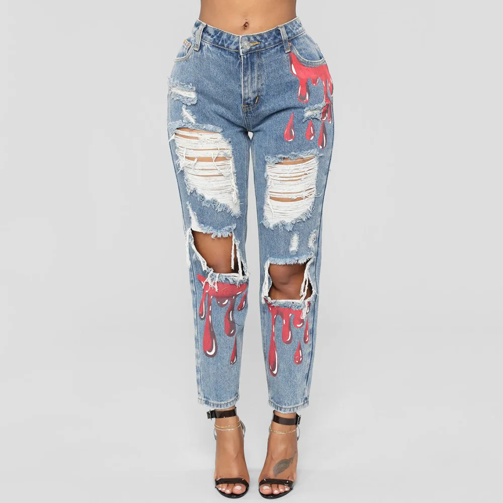 

Ripped Jeans Women Fashion Creative Printed Club Hole Blue Denim Pants Gradient Long Jeans Denim Sexy Regular Pants Vestidos