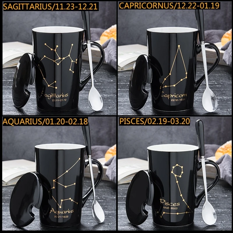 12 созвездий керамическая кружка для кофе с молоком 420 мл многоразовая офисная чашка с ложкой для чая черный фарфор посуда для бара подарок