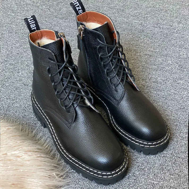 Skup Donna in zimowe platformy botki dla kobiet z futra prawdziwej skóry zasznurować ciepła wełna pokryte moda czarne botki motocyklowe