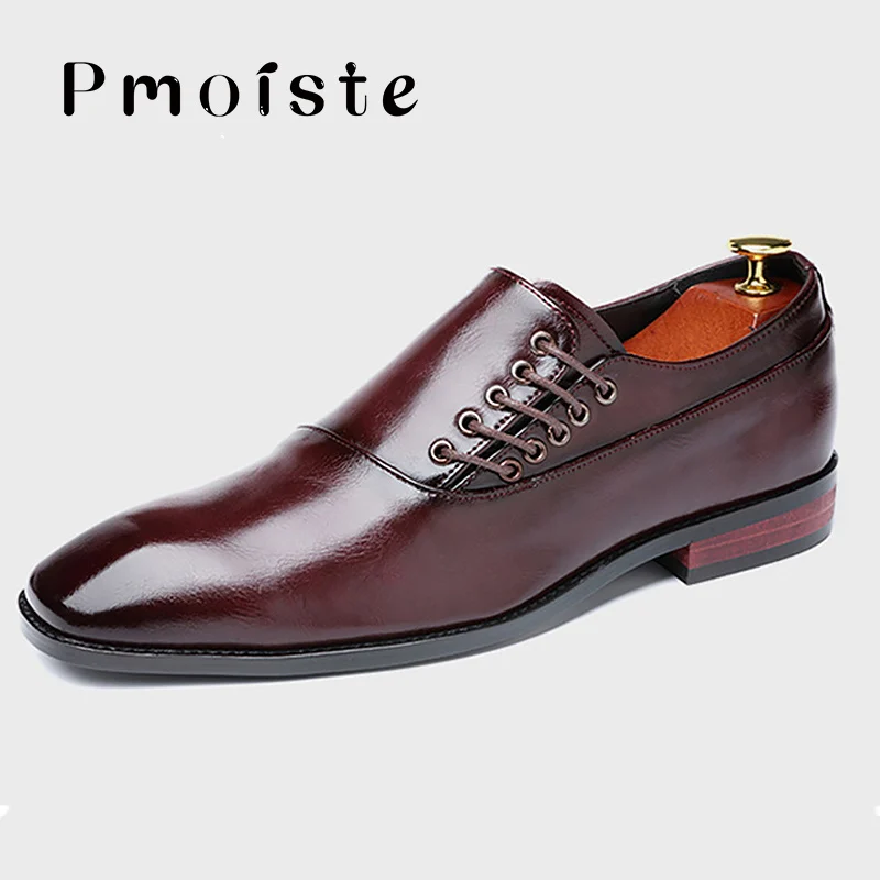 Men Dress Shoes Leather PU Big Size 45-48 Cross Tied Comfortable Derby Shoes Man Rubber Solid Party Shoes For Men - Цвет: Red