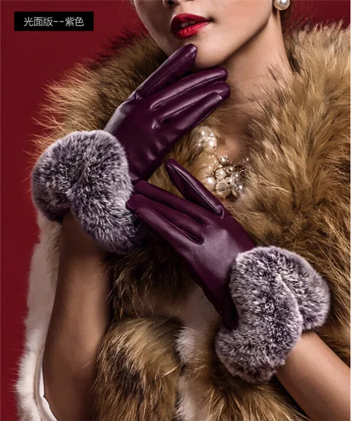 Style A-Purple Miya Mona, элегантные, Утолщенные, кожаные, женские перчатки, зимние, теплые, из кроличьей шерсти, варежки, искусственный мех, тактические перчатки, экранное чувство, Guantes Luva - Цвет: Style A-Purple