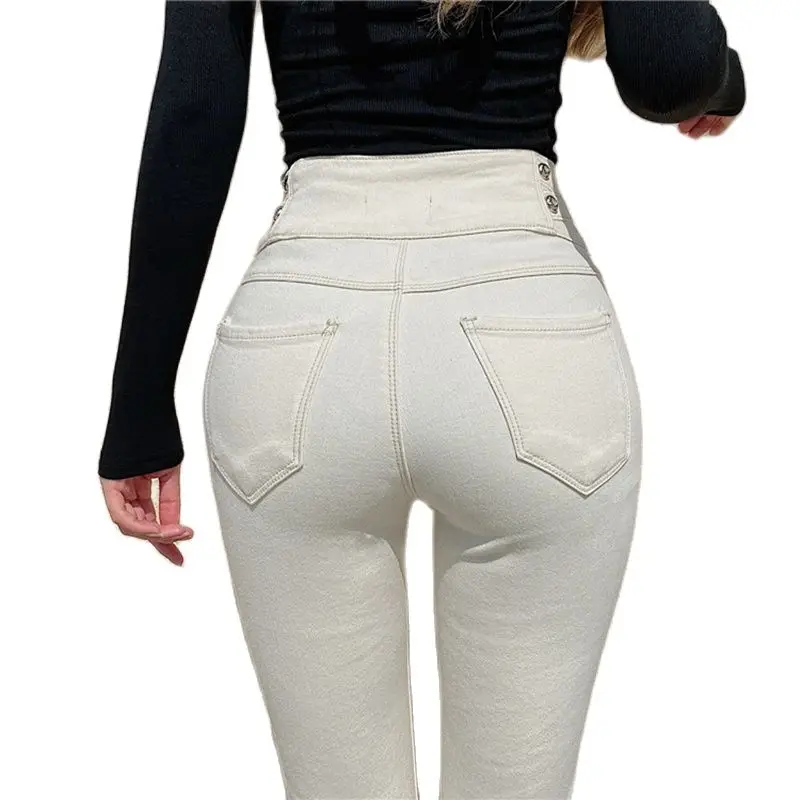 Spring Summer New Fashion Women Jeans Cotton Spandex High Waist Slim Fit Diamonds Buttons Lady Denim Pants