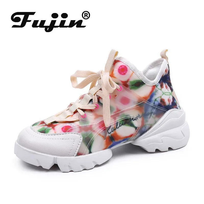 

Fujin Sneakers Women Spring 2020 Fashion Thick Bottom Breathable Lace Mesh Increase Round Toe Leisure Solid Women Single Shoes