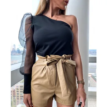 

Women's Bodycon Bandage Jumpsuit Puff Sleeve Body Suit Leotard Romper Top Blouse Transparent Long Sleeve Mesh Jumpsuits Sunsuits