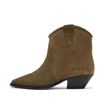 

2019 Genuine Leather Brown Black Ankle Boots Women Chunky Heels Spring Autumn Short Boots Slip On Classic Chelsea Botas
